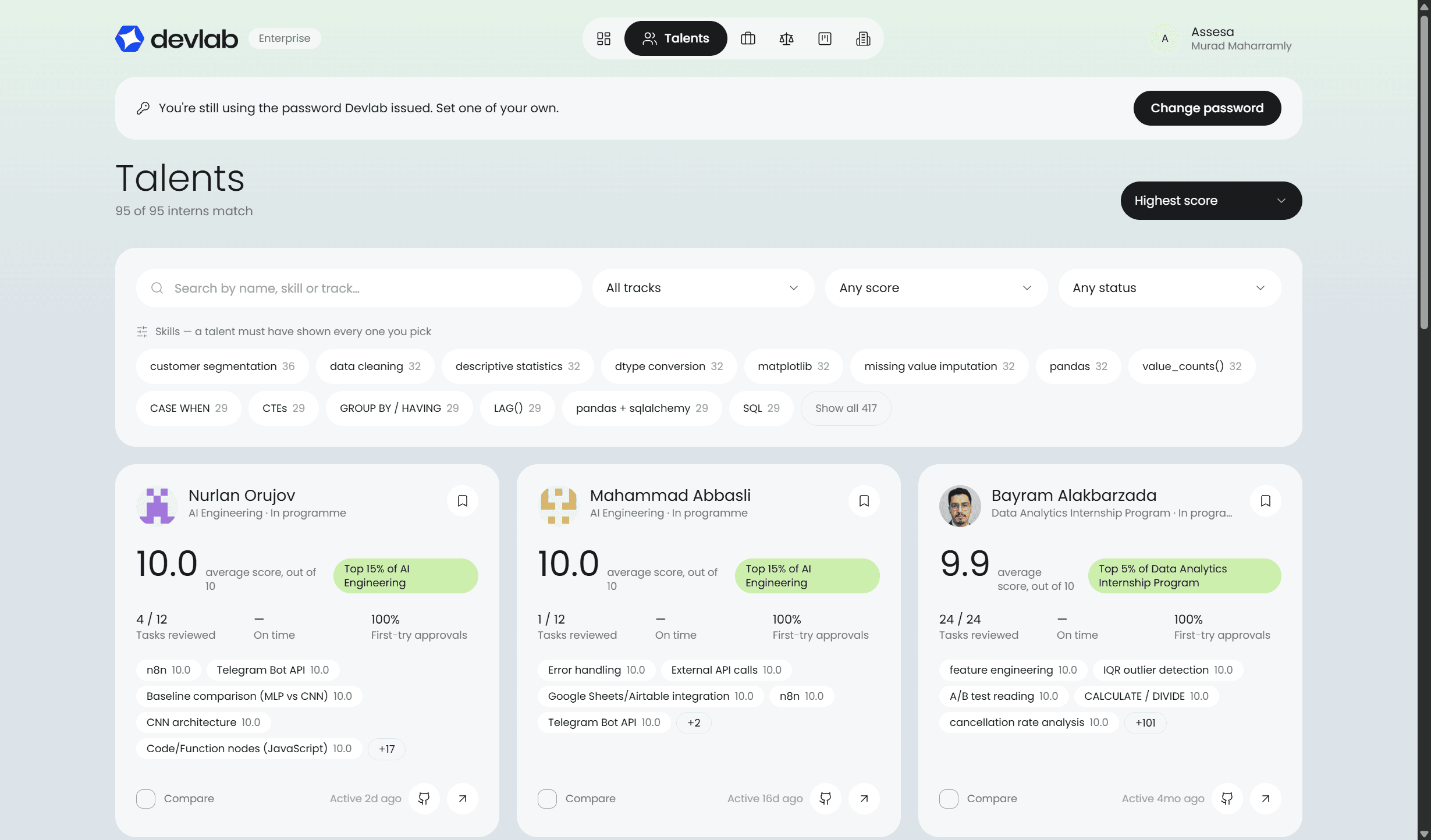 Devlab Enterprise platforması: namizədlərin bal, tapşırıq və bacarıqlarla siyahısı